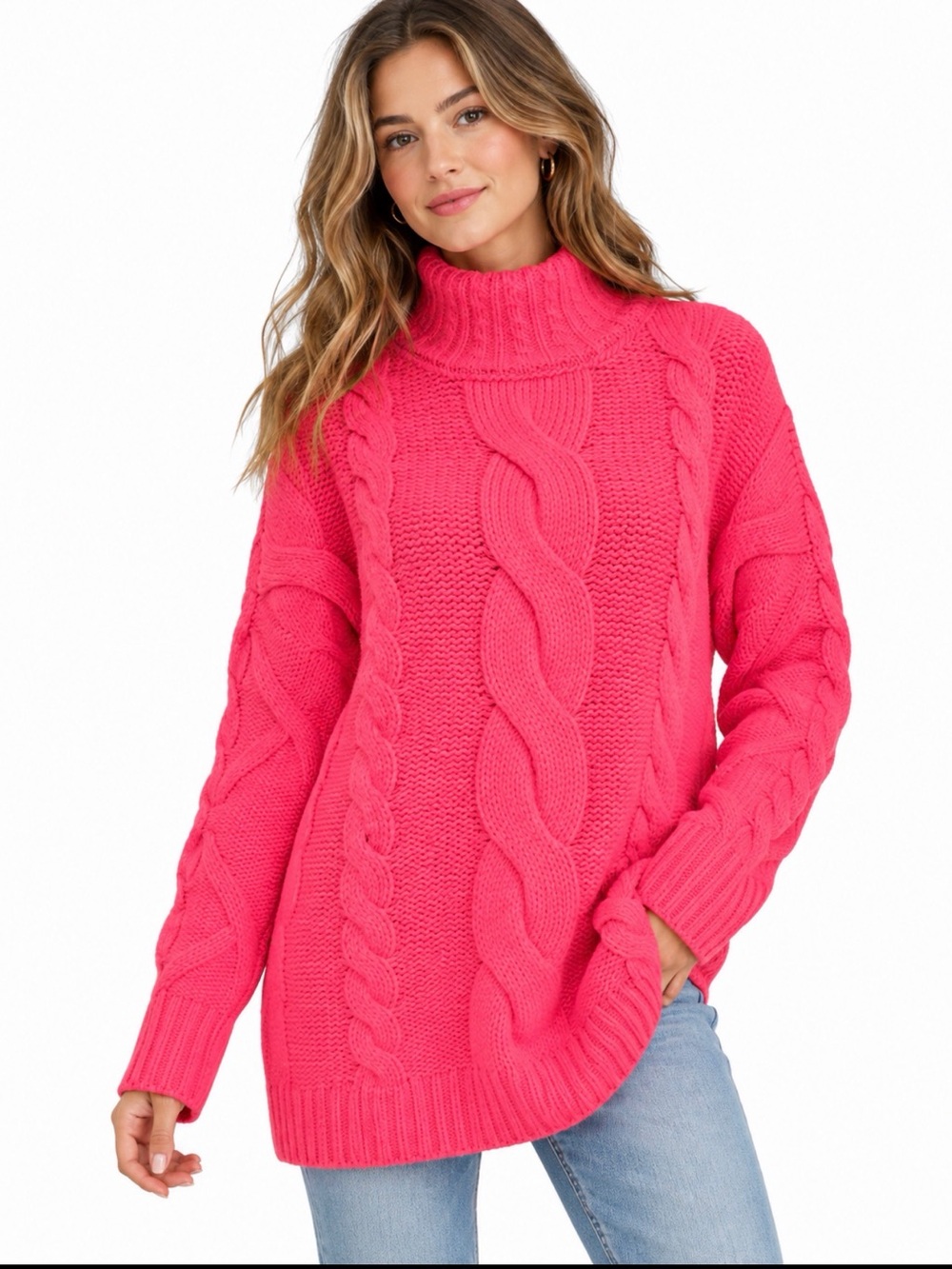 Anthropologie Hot Pink Cable Knit Turtleneck Sweater Size 2X